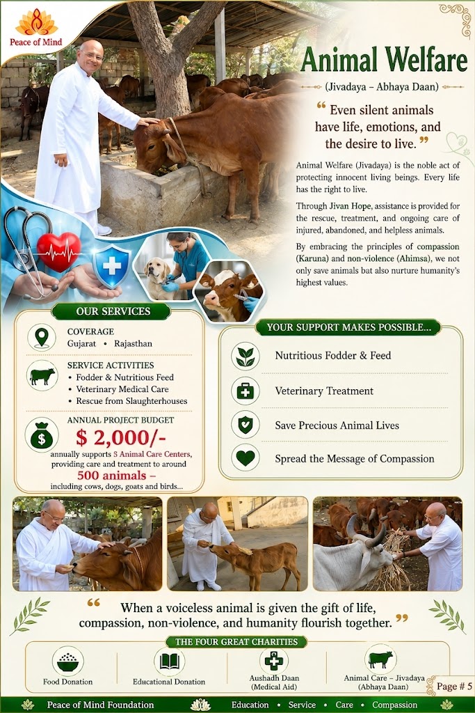 Animal Welfare (Jivadaya – Abhaya Daan) – Annual project budget $2,000 supporting animal care centers.
